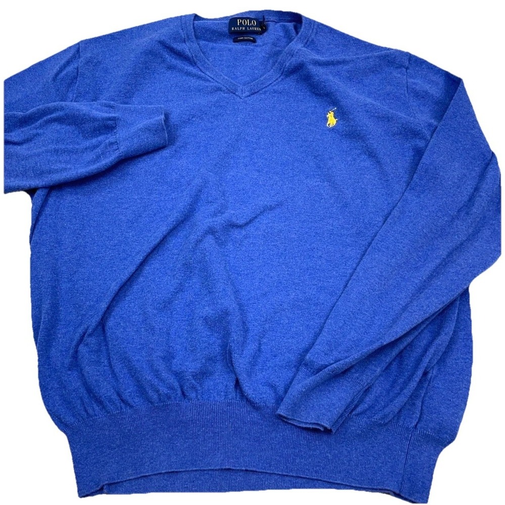 Polo‎ Ralph Lauren Sweater Men Large Blue Yellow V Neck Pima Cotton Soft Knit